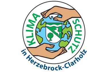 Logo Klimaschutz in Herzebrock-Clarholz, Weltkugel mit Wappen der Gemeinde und schützenden Händen.