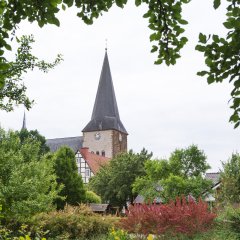 Blick auf den Kirchturm von St. Christina durch Blattwerk